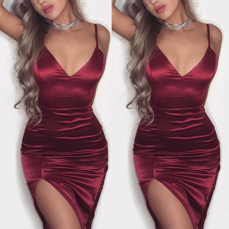 New Women Summer Split Dress Sexy Fashion Party Club V Neck Spaghetti Strap Satin Women Bodycon Sleeveless Short Mini Dress