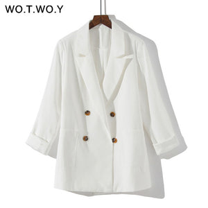 WOTWOY Double Breasted White Black Blazer Female Long Sleeve Office Ladies Blazer 2019 Autumn Jacket Women Outerwear Suit Coats