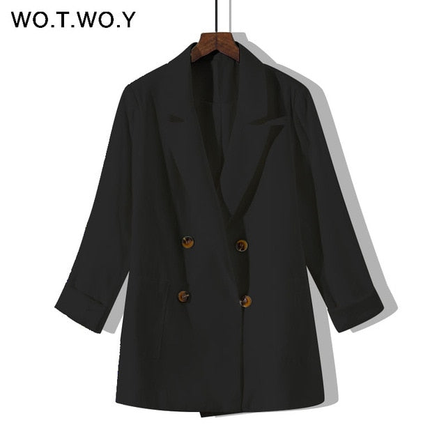 WOTWOY Double Breasted White Black Blazer Female Long Sleeve Office Ladies Blazer 2019 Autumn Jacket Women Outerwear Suit Coats