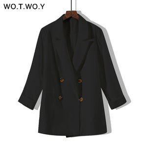 WOTWOY Double Breasted White Black Blazer Female Long Sleeve Office Ladies Blazer 2019 Autumn Jacket Women Outerwear Suit Coats