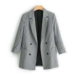 Women elegant black white plaid blazer jacket Three Quarter sleeve Pocket decoration office wear female outerwear chic tops