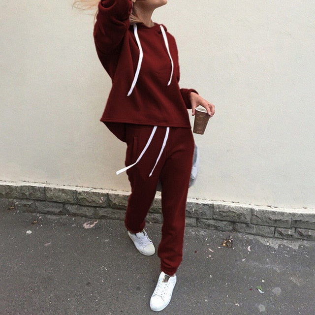 2pcs Sets Casual Hooded Tops Sweatshirt+Solid Long Pants Suits Women Sets Female Tracksuits Women Clothing Bigsweety