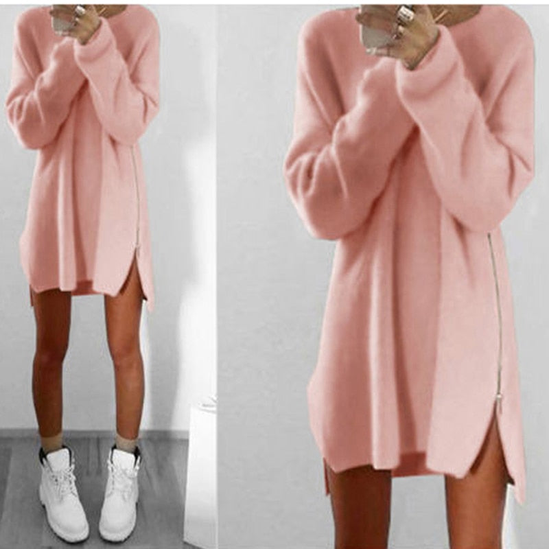 Fashion Women Long Sleeve Autumn Knitted Zippers Side Jumper Sweater Dress Loose Tunic Baggy Dresses New