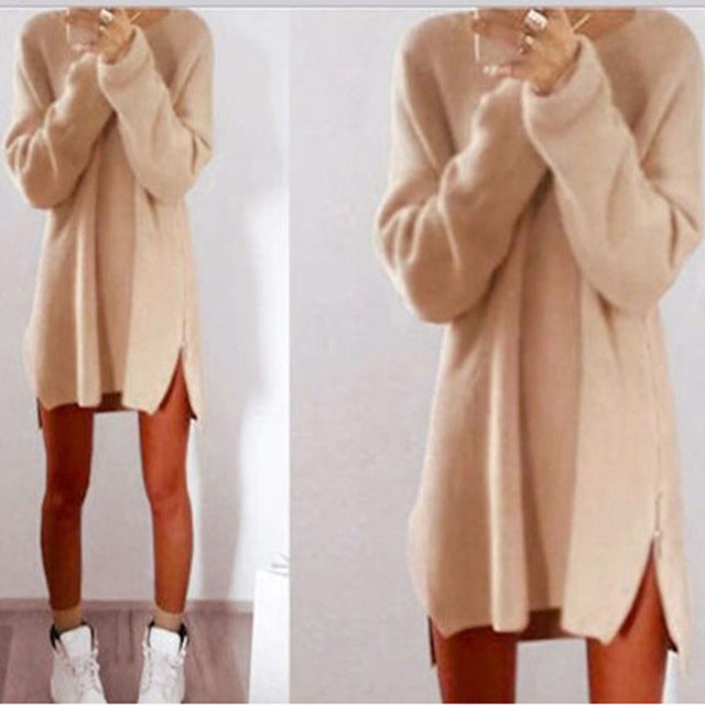 Fashion Women Long Sleeve Autumn Knitted Zippers Side Jumper Sweater Dress Loose Tunic Baggy Dresses New