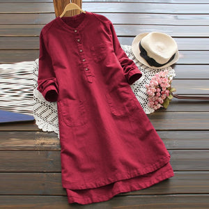 ZANZEA Linen Dress Women Cotton Vestidos 2019 Autumn Winter Long Sleeve Mini Dress Casual Mandarin Long Tunic Shirts Dresses