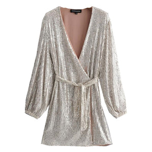 2019 New Silver Sequins Wrap Dress Lacing up Waist Split Slim Fit Women Long sleeve Tea Dresses Bow Tide Vestido Party