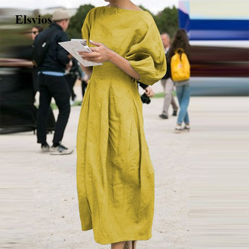 Elsvios Vintage Cotton Linen Pleated Dress Elegant Women Lantern Sleeve Party Dress Ladies Solid O Neck Maxi Long Dress Vestido