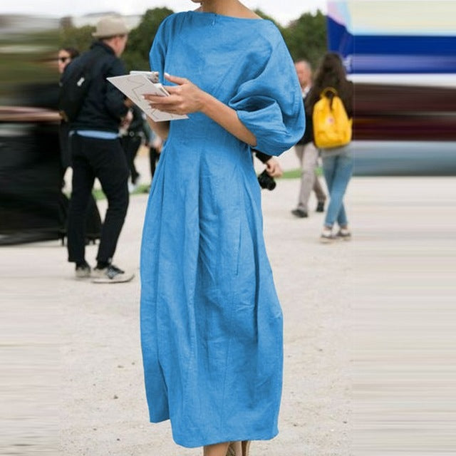 Elsvios Vintage Cotton Linen Pleated Dress Elegant Women Lantern Sleeve Party Dress Ladies Solid O Neck Maxi Long Dress Vestido