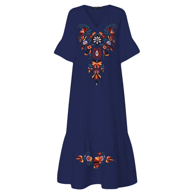 Bohemian Printed Maxi Dress ZANZEA 2019 Women's Sundress Summer Casual V-Neck Ruffle Vestidos Female Short Sleeve Floral Robe