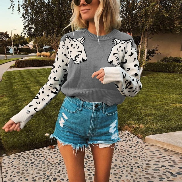 Autumn Knitted Cropped Sweater for Women Leopard Pattern Long Sleeve Knitting Sweaters Pullovers Female 2019 Winter Loose Jumper