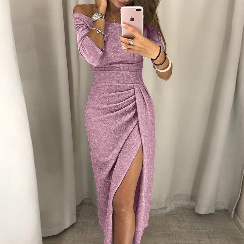 Long Sexy Off Shoulder Party Dress Women High Slit Bodycon Shein Dress Autumn Three Quarter Sleeve Bright Silk Shiny Dress