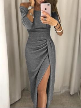 Long Sexy Off Shoulder Party Dress Women High Slit Bodycon Shein Dress Autumn Three Quarter Sleeve Bright Silk Shiny Dress