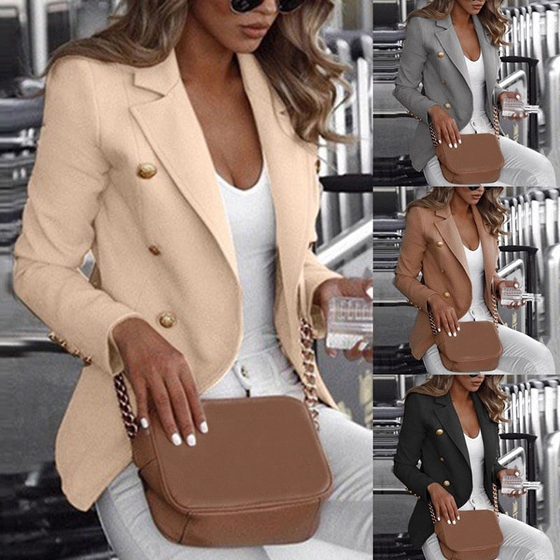 Fashion Slim Fit Double Breasted Women Long Sleeve Blazer Suit Button Work Office Lady Jacket Autumn Plus Size Coat S-5XL