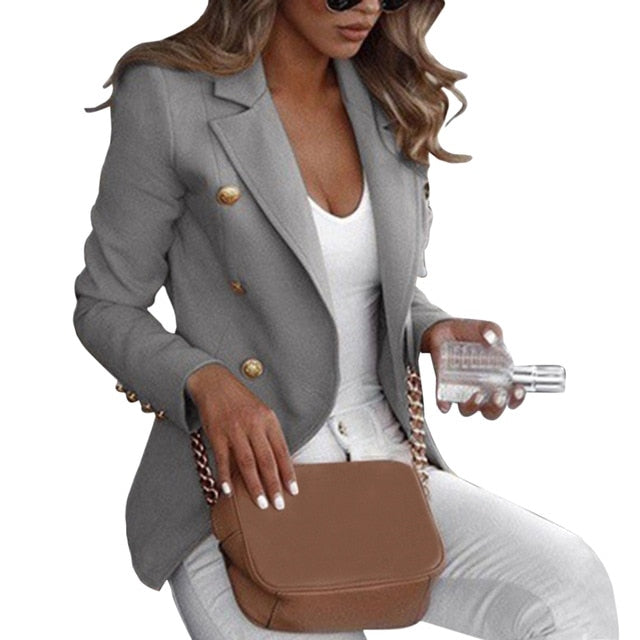 Fashion Slim Fit Double Breasted Women Long Sleeve Blazer Suit Button Work Office Lady Jacket Autumn Plus Size Coat S-5XL