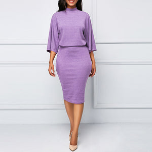 Office Ladies Pencil Dress Turtleneck Half Sleeve Work Body-con Women Dress Empire