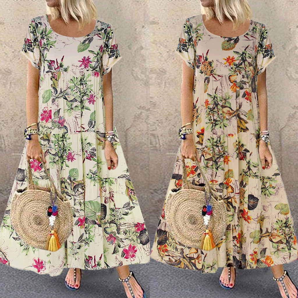 Summer New Fashion Womens Plus Size Casual Short Sleeve Boho Retro Linen Print Long Maxi Dress Wholesale Free Ship платье Z4