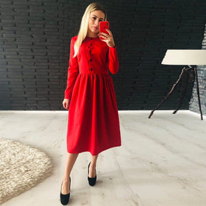 Women Casual a Line Party Dress Ladies Long Sleeve o Neck Button Elegant Dress 2019 Autumn Winter Fashion Office Dress Vestidos