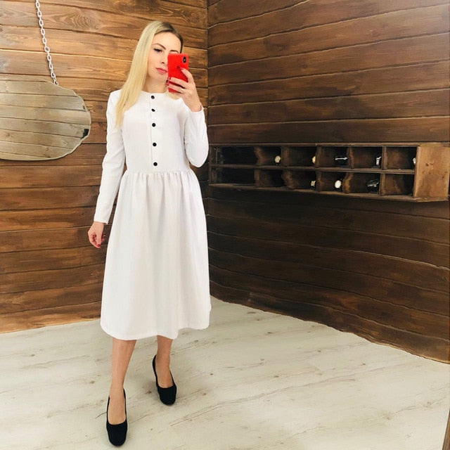 Women Casual a Line Party Dress Ladies Long Sleeve o Neck Button Elegant Dress 2019 Autumn Winter Fashion Office Dress Vestidos