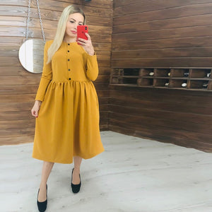 Women Casual a Line Party Dress Ladies Long Sleeve o Neck Button Elegant Dress 2019 Autumn Winter Fashion Office Dress Vestidos