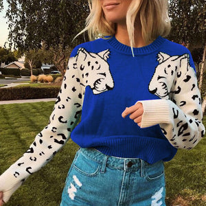 Autumn Knitted Cropped Sweater for Women Leopard Pattern Long Sleeve Knitting Sweaters Pullovers Female 2019 Winter Loose Jumper