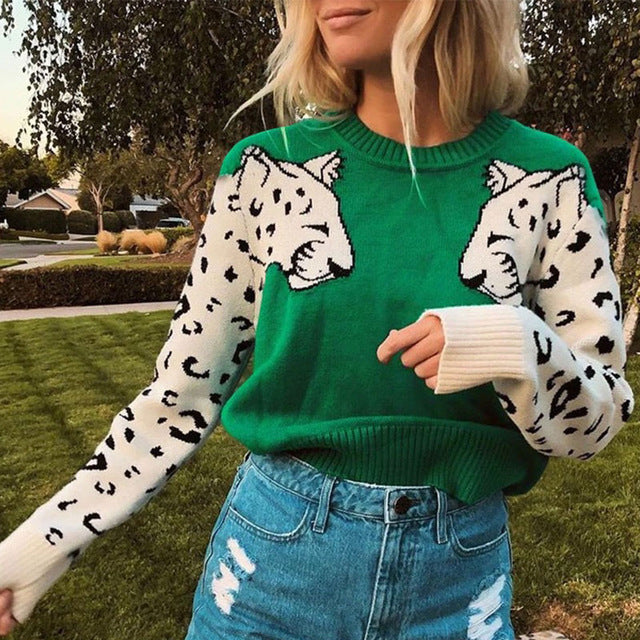 Autumn Knitted Cropped Sweater for Women Leopard Pattern Long Sleeve Knitting Sweaters Pullovers Female 2019 Winter Loose Jumper