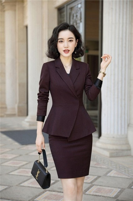 Fashion Wine High Quality Fabric Formal Women Business Suits with Blazer and Skirt Ladies Professional Work Wear Blazers Outfits