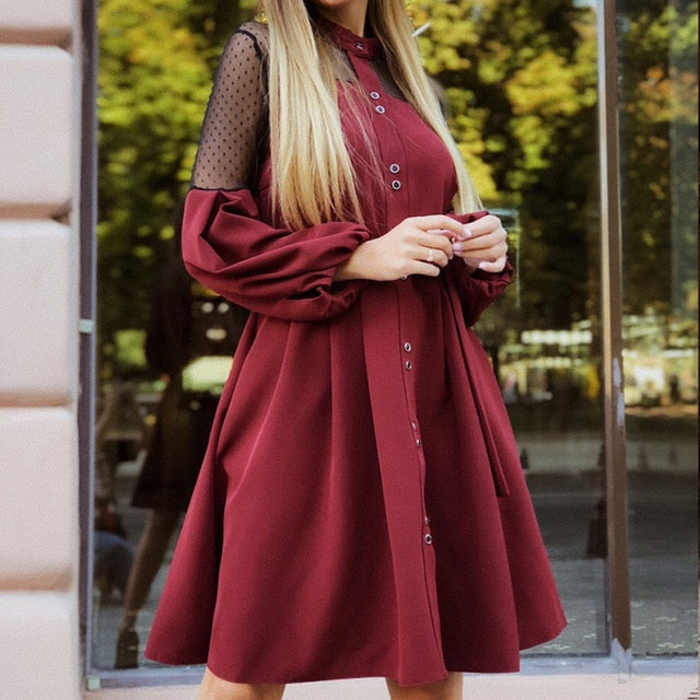 Women Sexy Lace Patchwork Dress Ladies Lantern Sleeve Stand Collar  Sashes Dress 2019 Autumn Casual Elegant Party A Line Dresses