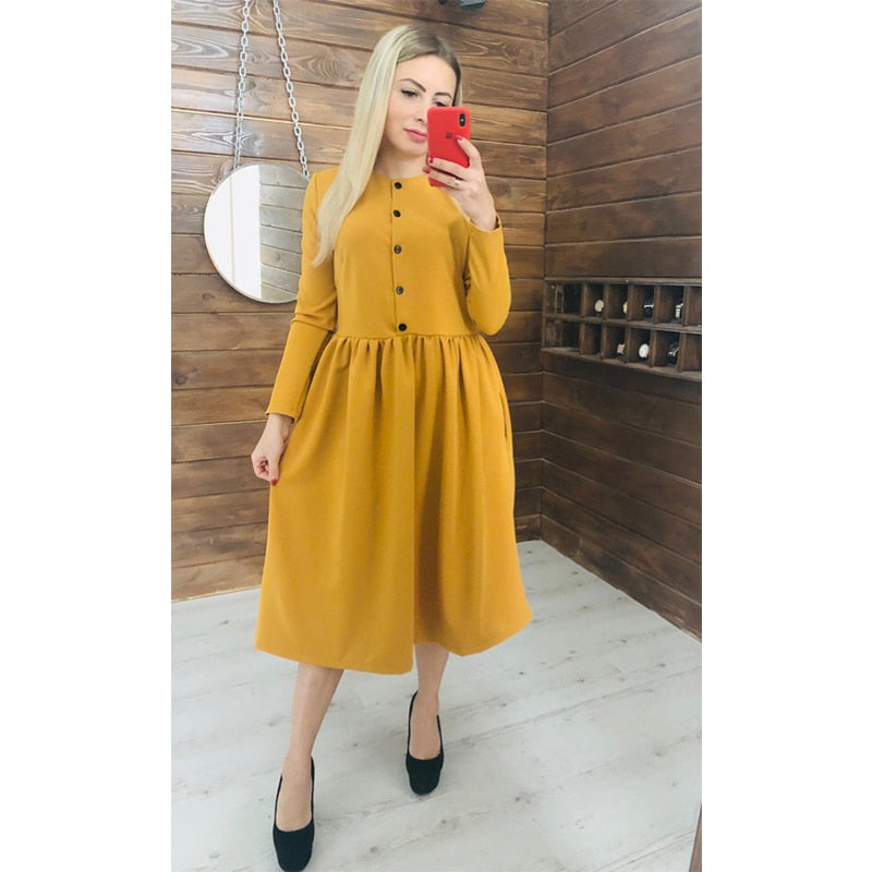 Women Autumn Winter Solid a Line Party Dress Ladies Long Sleeve o Neck Elegant Dress 2019 Loose Fashion Mid  Length Party Dress