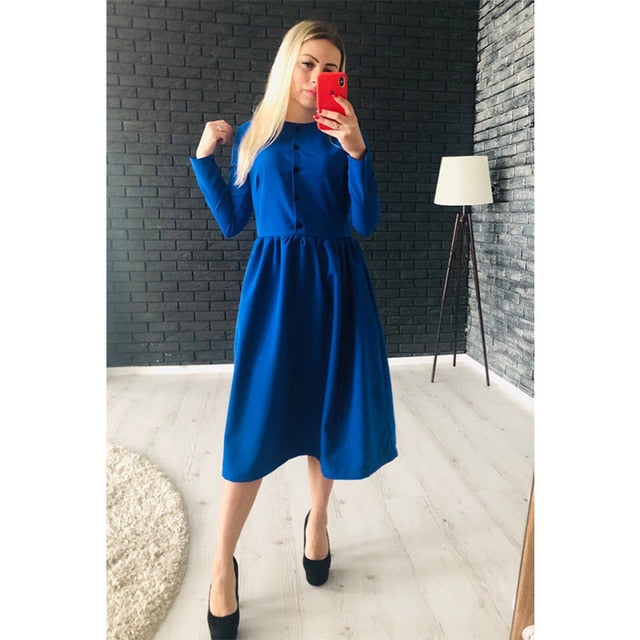 Women Autumn Winter Solid a Line Party Dress Ladies Long Sleeve o Neck Elegant Dress 2019 Loose Fashion Mid  Length Party Dress