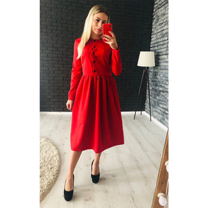 Women Autumn Winter Solid a Line Party Dress Ladies Long Sleeve o Neck Elegant Dress 2019 Loose Fashion Mid  Length Party Dress