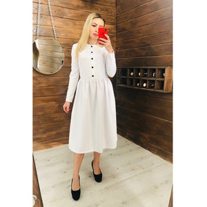 Women Autumn Winter Solid a Line Party Dress Ladies Long Sleeve o Neck Elegant Dress 2019 Loose Fashion Mid  Length Party Dress