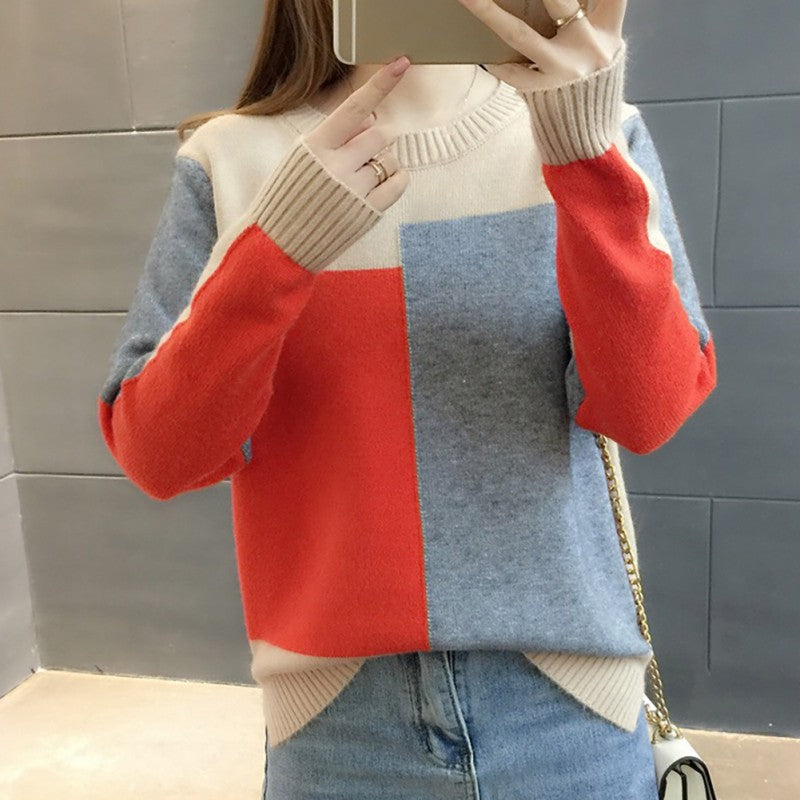 Women Autumn Candy Color Sweater Round Collar Colorblock Long Sleeve Knit Top Multicolor with Splicing Thin Tops Sweaters