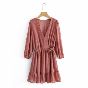 New Women elegant cross v neck bow tied chiffon vestido hem ruffles mini Dress autumn ladies elastic waist kimono Dresses DS2893