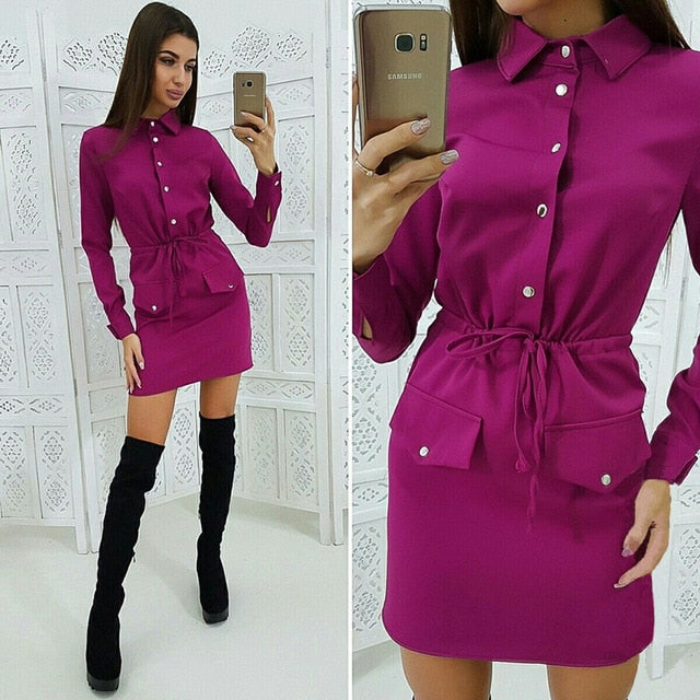 Women Casual Sashes Button Sheath Dress Turn Down Collar Long Sleeve Solid Dress 2019 Autumn Fashion Vintage Elegant Mini Dress