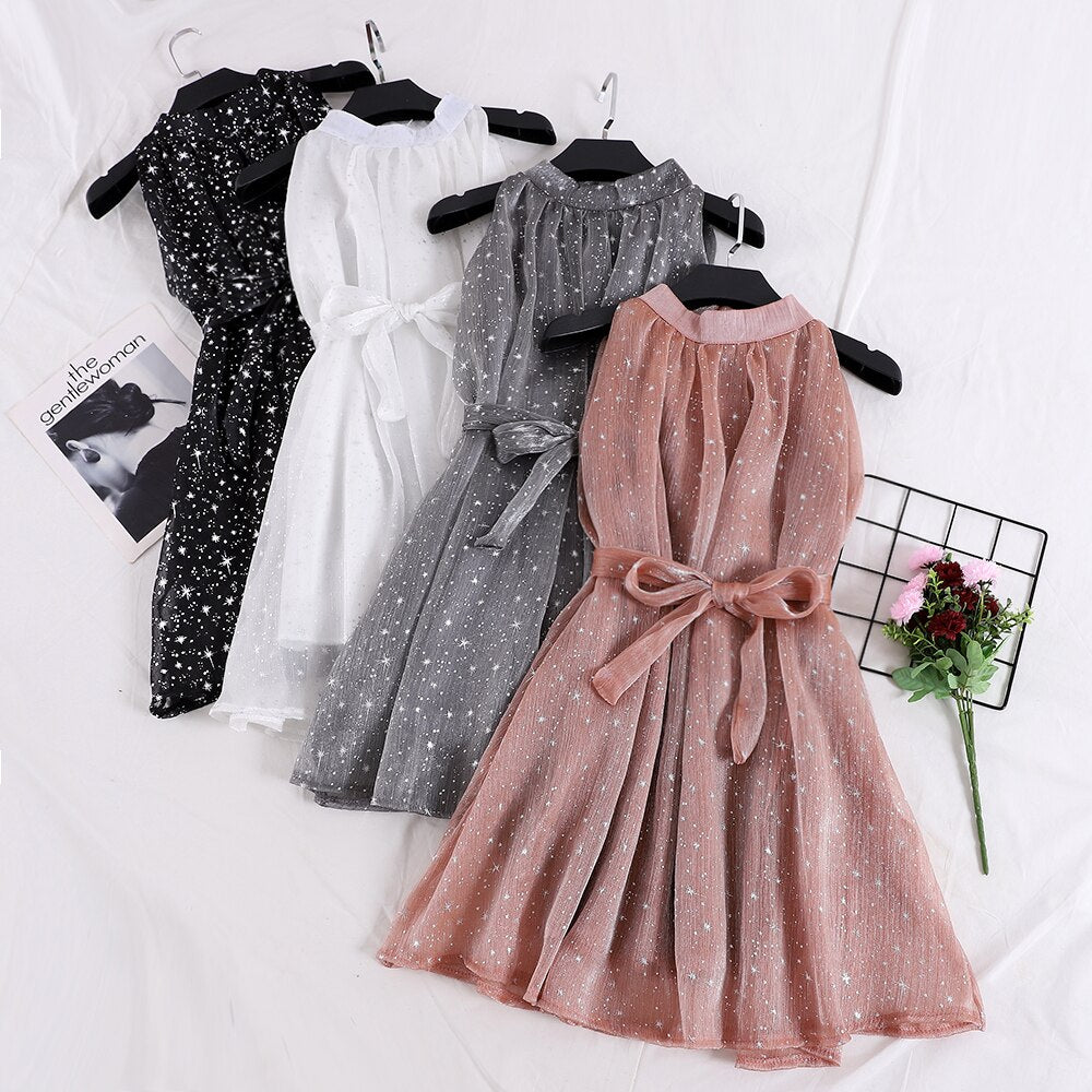 Elegant Women Summer Star Print Organza Puff Dresses Female Halter Sleeveless Lace Up Bandage Chiffon Ball Gown One Piece Dress