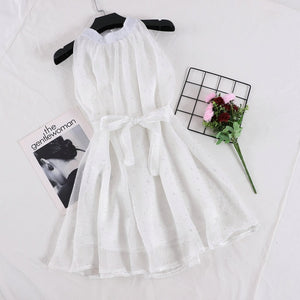 Elegant Women Summer Star Print Organza Puff Dresses Female Halter Sleeveless Lace Up Bandage Chiffon Ball Gown One Piece Dress