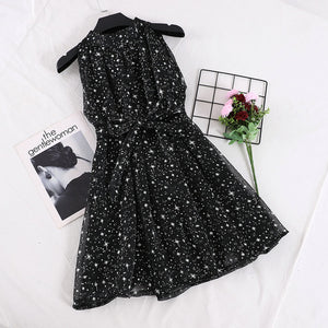 Elegant Women Summer Star Print Organza Puff Dresses Female Halter Sleeveless Lace Up Bandage Chiffon Ball Gown One Piece Dress