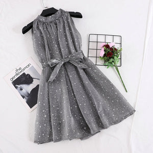 Elegant Women Summer Star Print Organza Puff Dresses Female Halter Sleeveless Lace Up Bandage Chiffon Ball Gown One Piece Dress