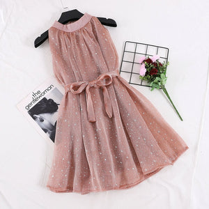 Elegant Women Summer Star Print Organza Puff Dresses Female Halter Sleeveless Lace Up Bandage Chiffon Ball Gown One Piece Dress