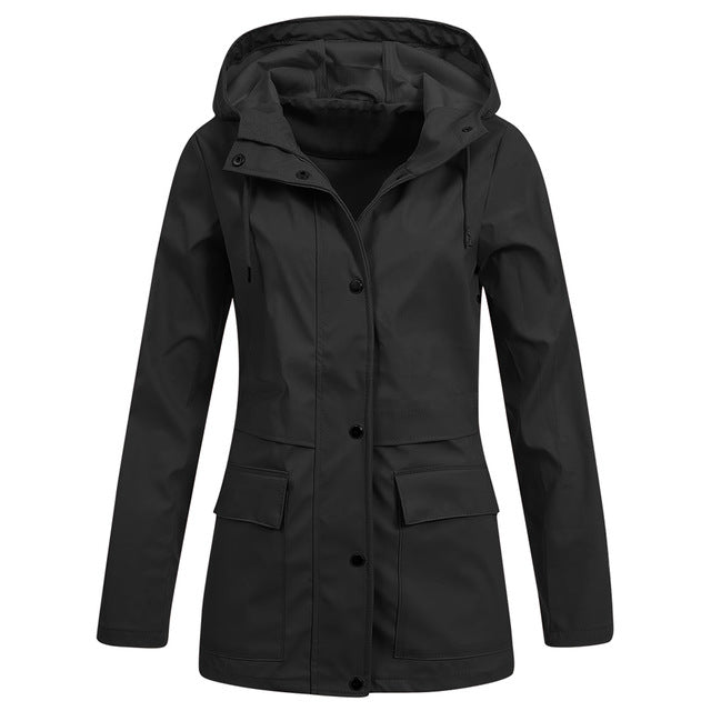 Plus Size Women Waterproof Hooded Jacket 4XL Solid Long Sleeve Button Up Hoody Coat Autumn Winter Casual Jackets Large Size D40