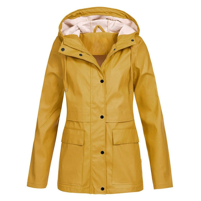 Plus Size Women Waterproof Hooded Jacket 4XL Solid Long Sleeve Button Up Hoody Coat Autumn Winter Casual Jackets Large Size D40