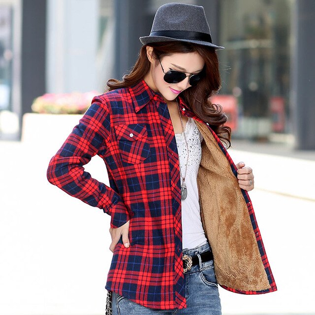 2019 Brand New Winter Warm Women Velvet Thicker Jacket Plaid Shirt Style Coat Female College Style Casual Jacket Outerwear