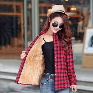 2019 Brand New Winter Warm Women Velvet Thicker Jacket Plaid Shirt Style Coat Female College Style Casual Jacket Outerwear