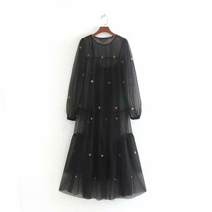 Women sexy transparent black mesh vestidos casual ruffles midi Dress Ladies autumn ball applique decorate sweet Dresses DS2879