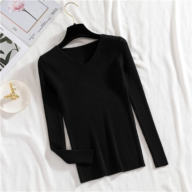 DeRuiLaDy 2019 Fall Winter Women Sweater Fashion Slim Sweaters Wild Vintage Knitted V-Neck Soft Warm Pink Pullover Sweater Tops