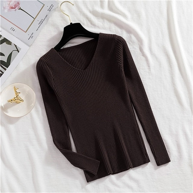 DeRuiLaDy 2019 Fall Winter Women Sweater Fashion Slim Sweaters Wild Vintage Knitted V-Neck Soft Warm Pink Pullover Sweater Tops