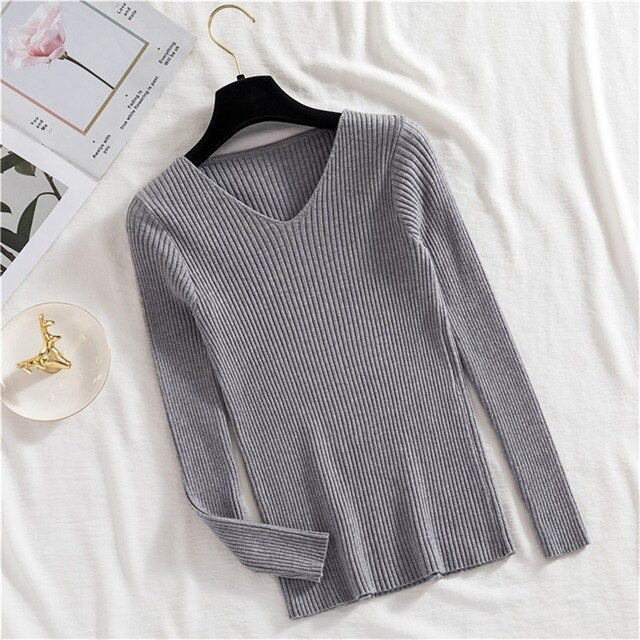 DeRuiLaDy 2019 Fall Winter Women Sweater Fashion Slim Sweaters Wild Vintage Knitted V-Neck Soft Warm Pink Pullover Sweater Tops