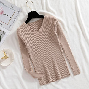 DeRuiLaDy 2019 Fall Winter Women Sweater Fashion Slim Sweaters Wild Vintage Knitted V-Neck Soft Warm Pink Pullover Sweater Tops