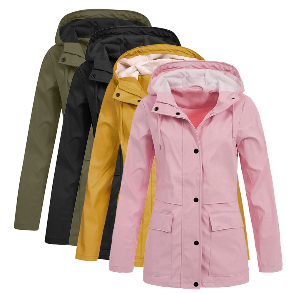 Plus Size Women Waterproof Hooded Jacket 4XL Solid Long Sleeve Button Up Hoody Coat Autumn Winter Casual Jackets Large Size D40