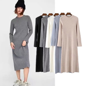 winter knitting dress women england simple style solid o-neck sheath vestidos vestidos de fiesta de noche maxi dress